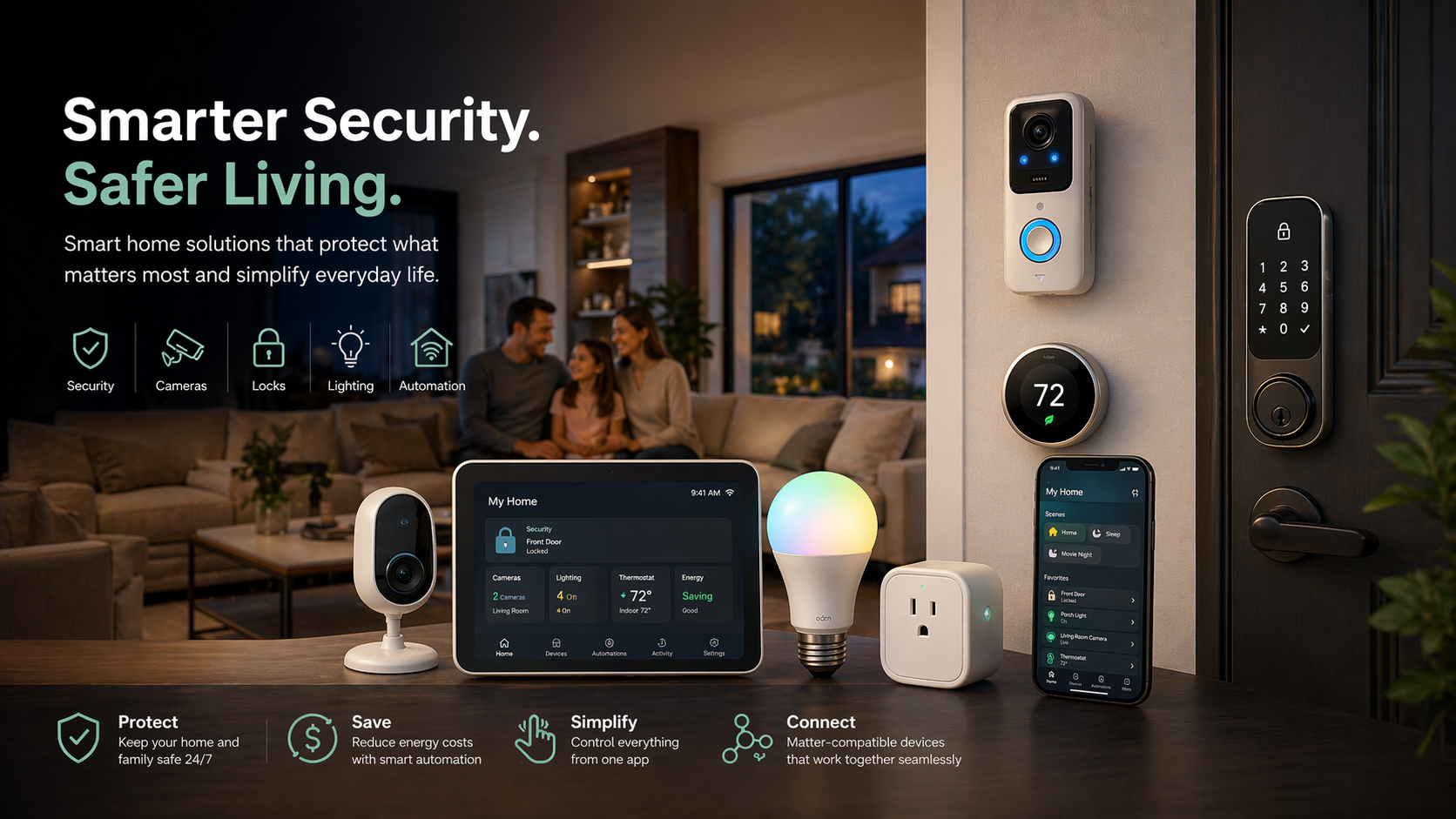 Smart home devices including a doorbell, security camera, and smart lights in a living room setting.