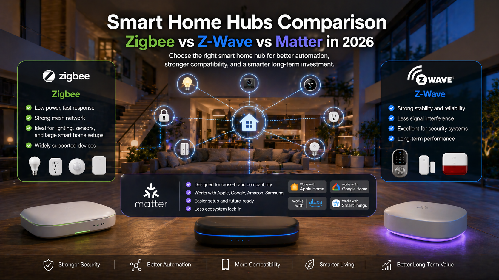 Comparison chart of Smart Home Hubs using Zigbee, Z-Wave, and Matter technologies.